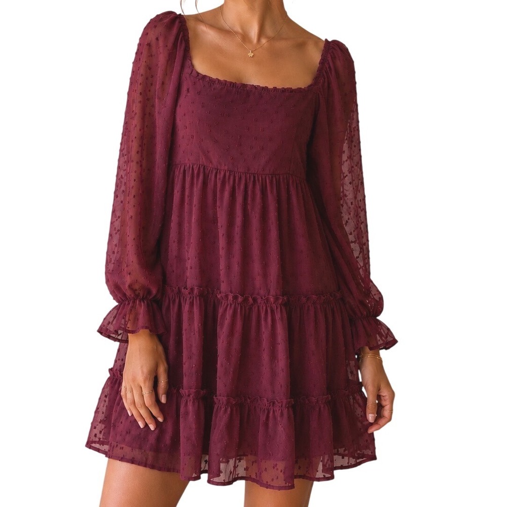 Altar'd State Women Burgundy Swiss Dot Tiered Mini Dress XS Square Neck Smocked.